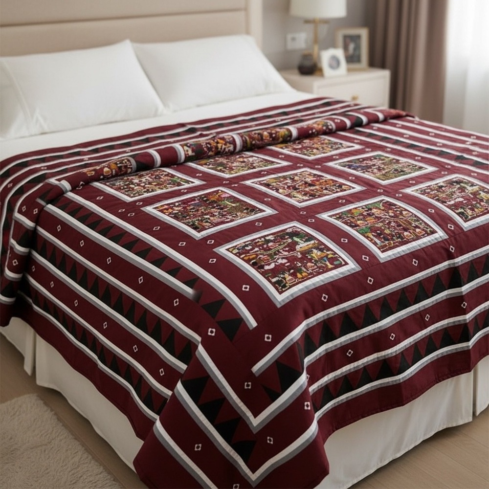 Large Vintage Hmong Story Cloth Bedspread 80x94 Hand Embroidered Full Queen